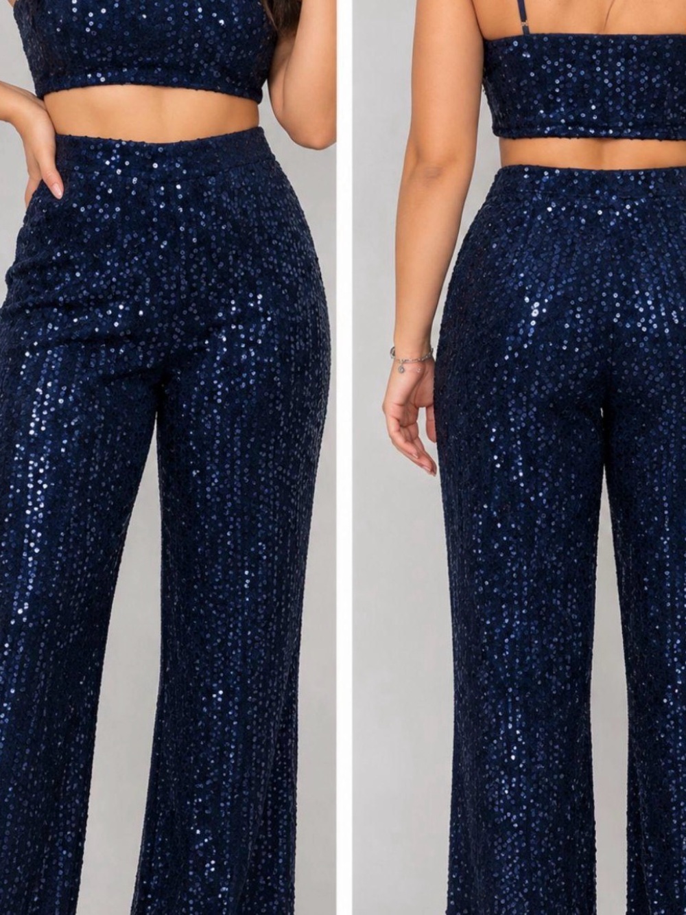 Lulus Sequin Bandeau Top & Wide-Leg Pants Set - Navy
